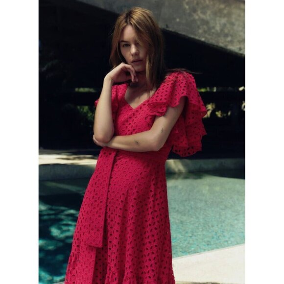 Zara eyelet Cutwork Embroidered Midi Dress Size S hot pink - Picture 5 of 11